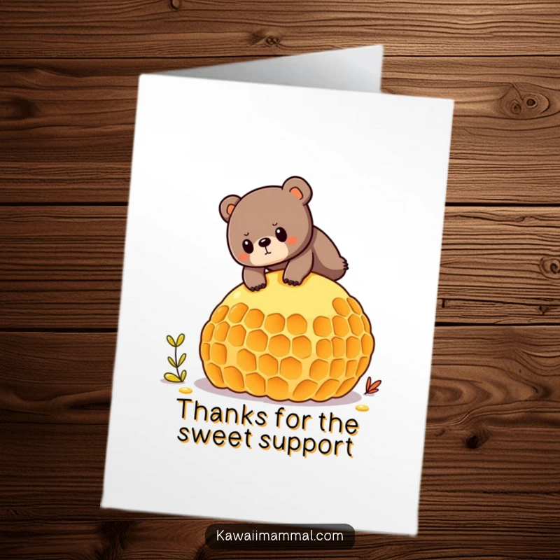 Funny Free Printable Bear Thank You Card, a determined bear balancing on a giant honeycomb, expressing humor and gratitude.