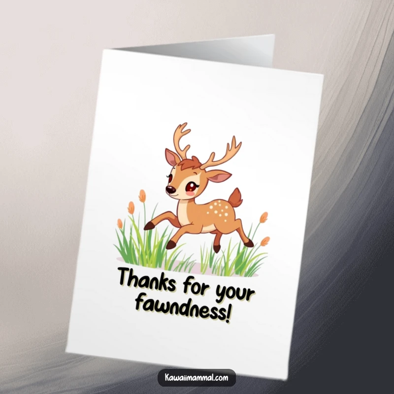 Funny Free Printable Thank You Card: Cheerful deer with fine antlers leaps elegantly through lush green grass. Nature's grace.