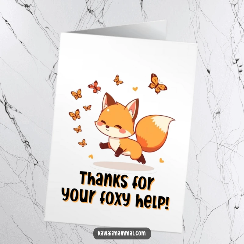 Funny Free Printable Thank You Card: Playful fox with a bushy tail chases butterflies, a scene of delight. Cute thank you.