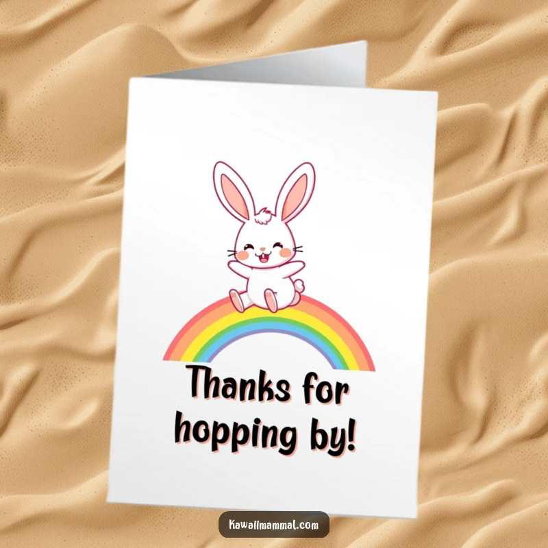 Funny Free Printable Thank You Card: Joyful rabbit hops over a bright rainbow, spreading happiness. Sweet thank you.