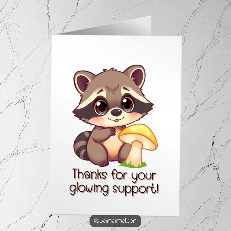 Funny Free Printable Thank You Card: Curious raccoon peers intently at a vibrant, glowing mushroom. Enchanting forest art.