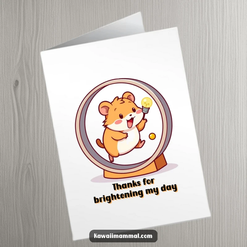 Funny Free Printable Thank You Card of a happy hamster running on a wheel that powers a light bulb, get yours.