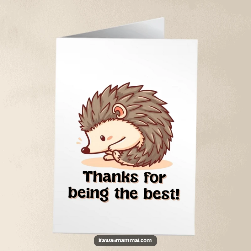 Funny Free Printable Thank You Card: A charming Kawaii hedgehog curled into a ball, joyfully rolling downhill to say thank you.