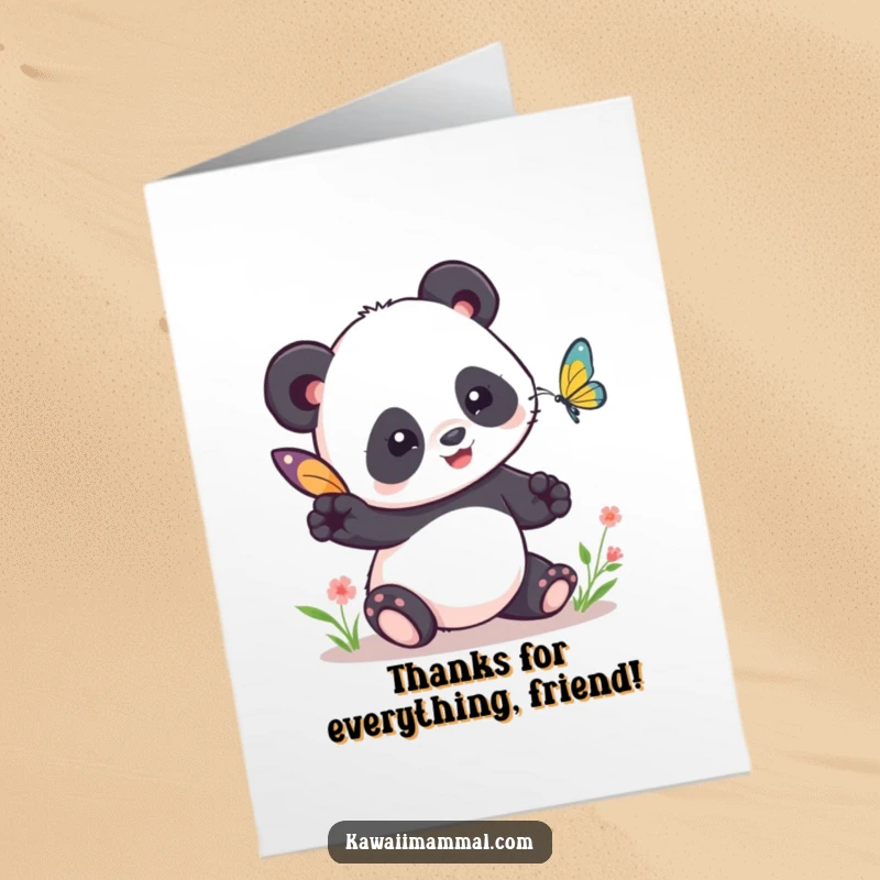 Funny Free Printable Thank You Card: A sweet Kawaii panda joyfully trying to tag a delicate butterfly, sending thanks.