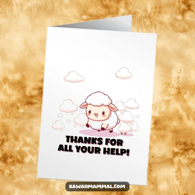 Funny Free Printable Thank You Card: A sweet Kawaii sheep trying to gather fluffy clouds, sending gentle thanks.