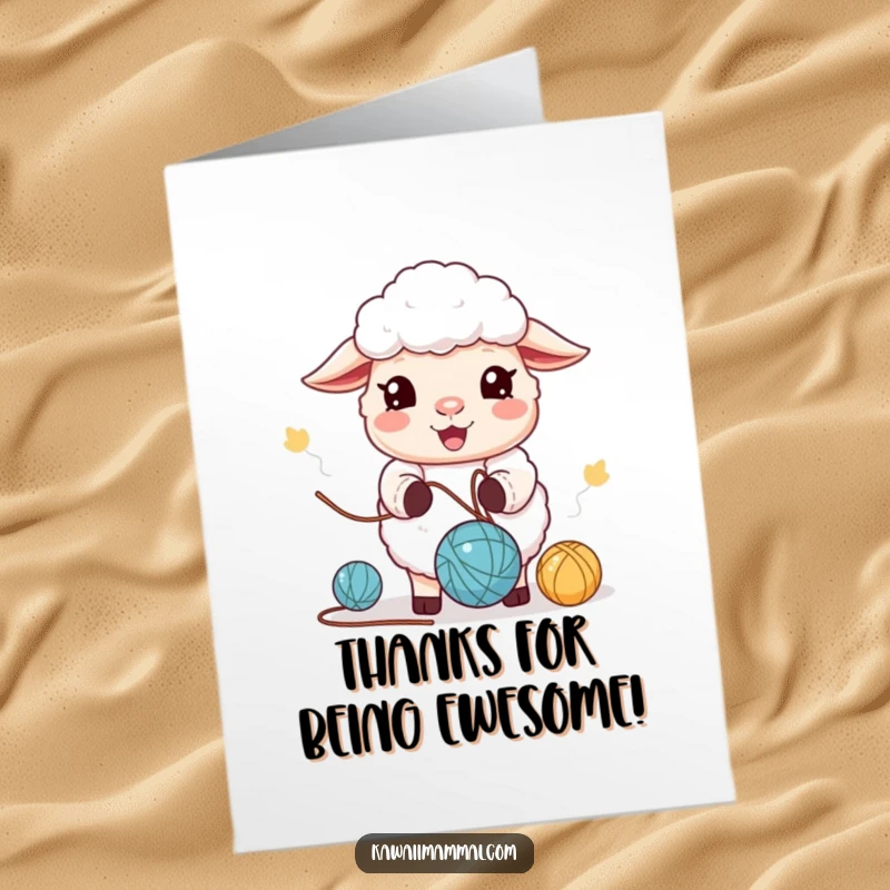 Funny Free Printable Thank You Card featuring a kawaii sheep character happily juggling yarn balls while bleating to say thanks.
