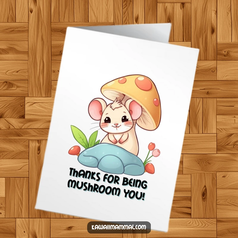 Funny Free Printable thank you card showcasing a giggling mouse emerging from behind a large mushroom, conveying thanks with joy.