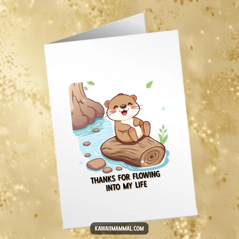 Funny Free Printable Otter Thank You Card, a playful otter joyfully sliding down a giant river log, expressing thanks.