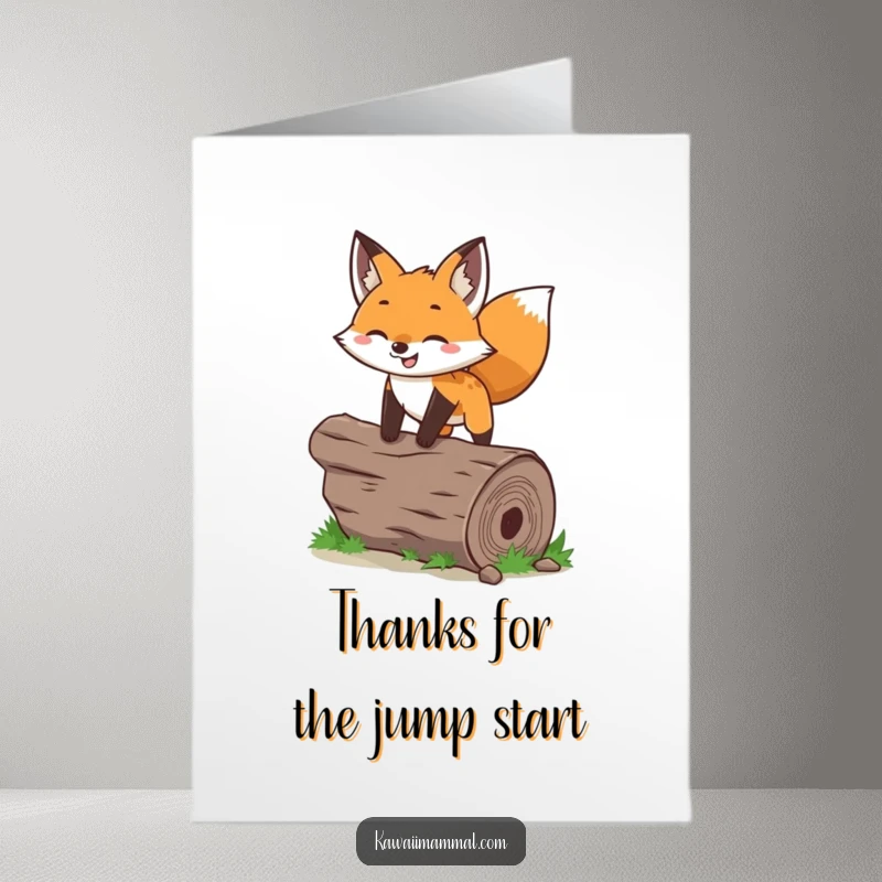 Funny Free Printable Thank You Card: Playful fox leaping over a log, ears perked, showing heartfelt gratitude with a grin.