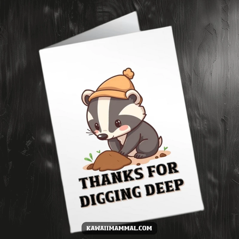 Funny Free Printable Thank You Card: Curious badger wearing a tiny hat, digging intently.