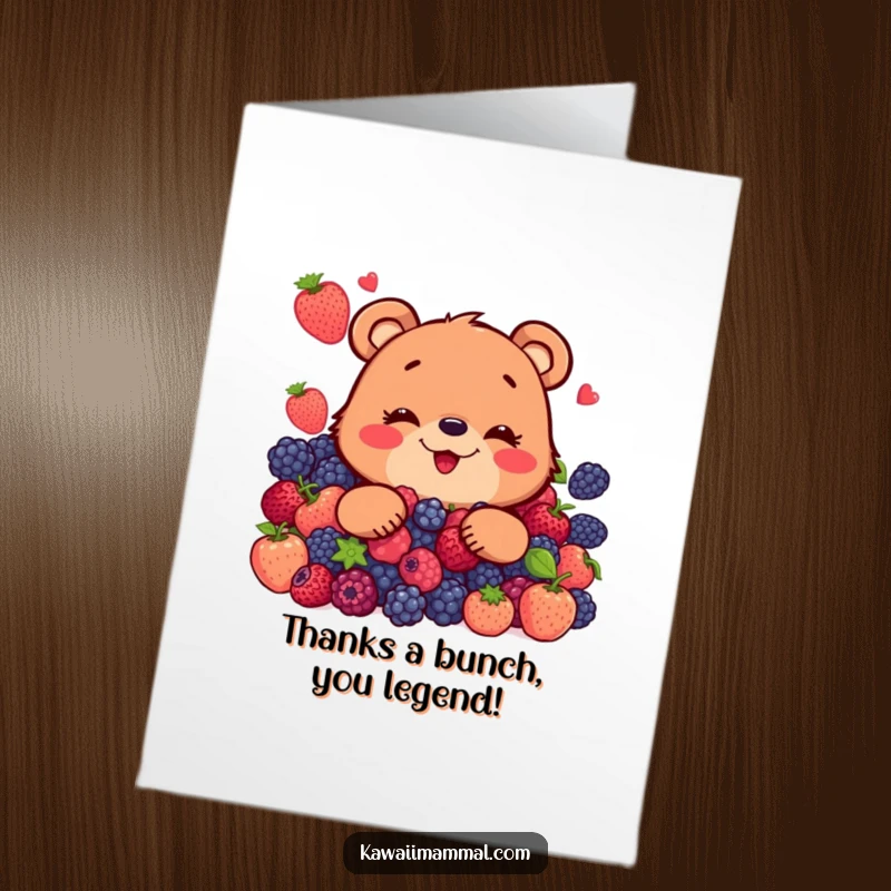 Funny Free Printable Thank You Card: A charming bear offering a pile of berries as a token of heartfelt thanks.
