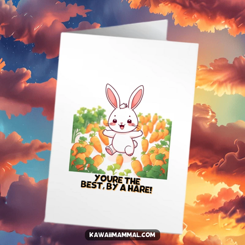 Funny Free Printable Thank You Card: Cheerful rabbit joyfully hopping amidst glowing carrots, expressing heartfelt thanks.