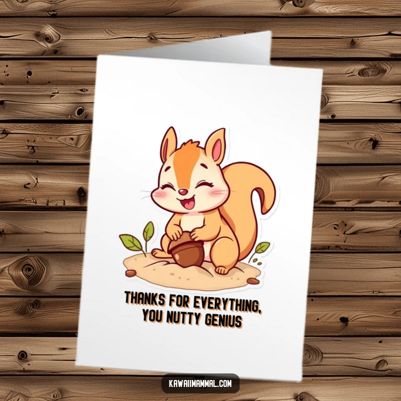 Funny free printable thank you card featuring a giggling squirrel burying an acorn, conveying gratitude with a humorous touch, ready to download.