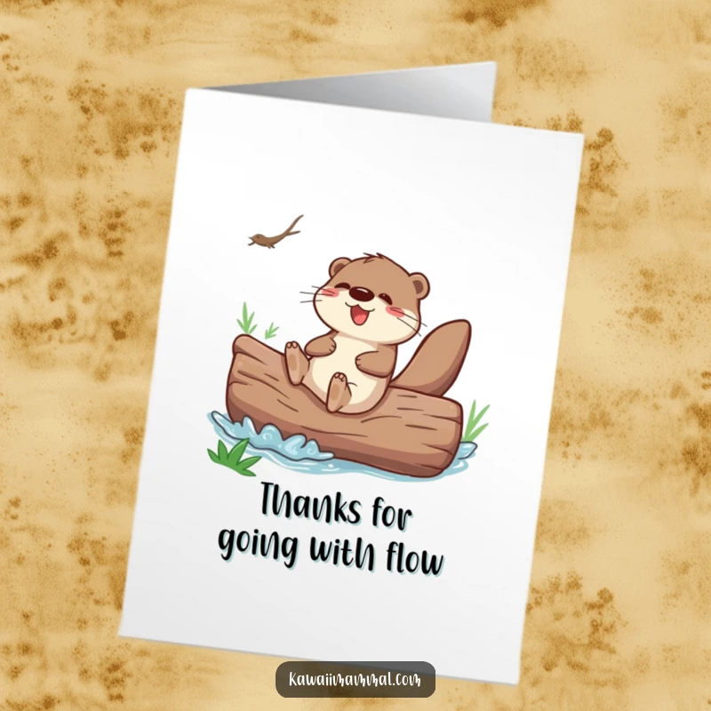 Funny Free Printable Thank You Card: Playful Otter Sliding Down River Log, Expressing Thanks with Joyful Energy.