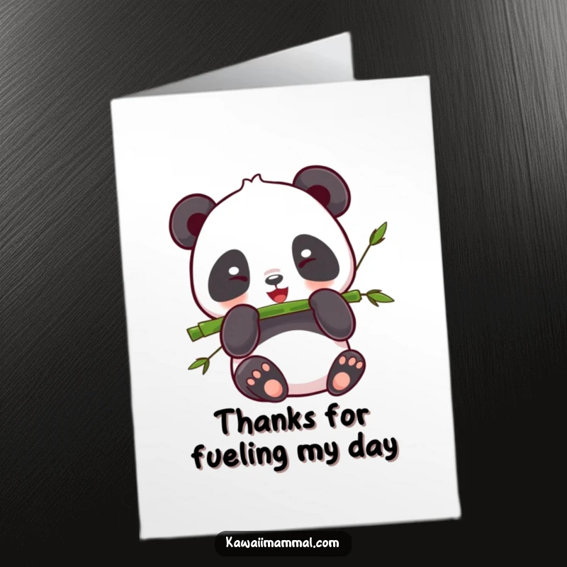 Funny Free Printable Thank You Card featuring a happy kawaii panda enjoying a delicious bamboo stalk, a symbol of thanks.