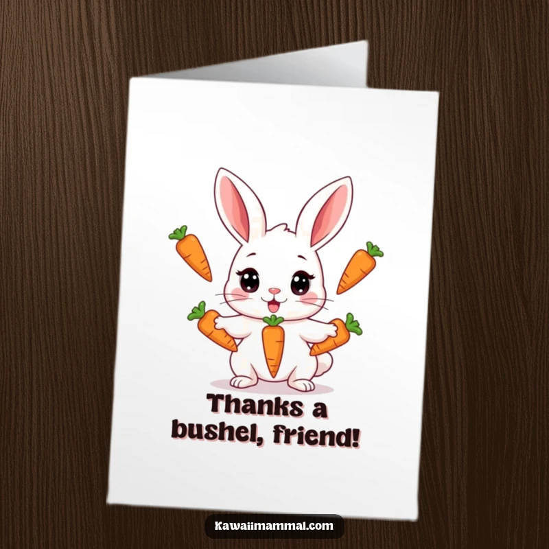 Funny Free Printable Thank You Card: a cute Kawaii rabbit juggling three carrots with very big, surprised eyes.