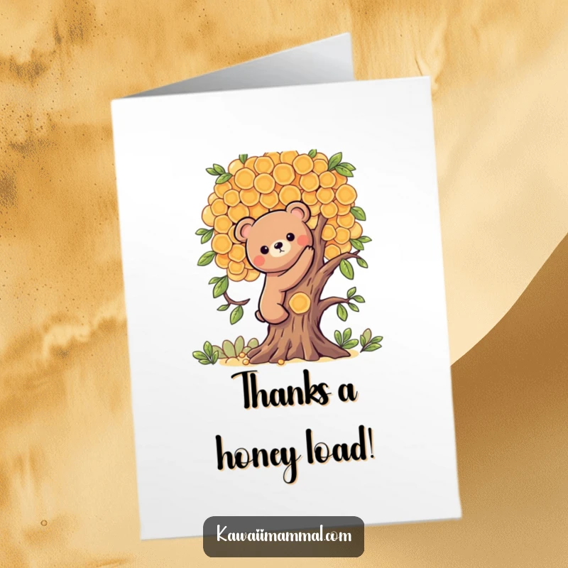 Funny Free Printable Thank You Card: a cute Kawaii bear climbing a large tree crafted from honeycombs.