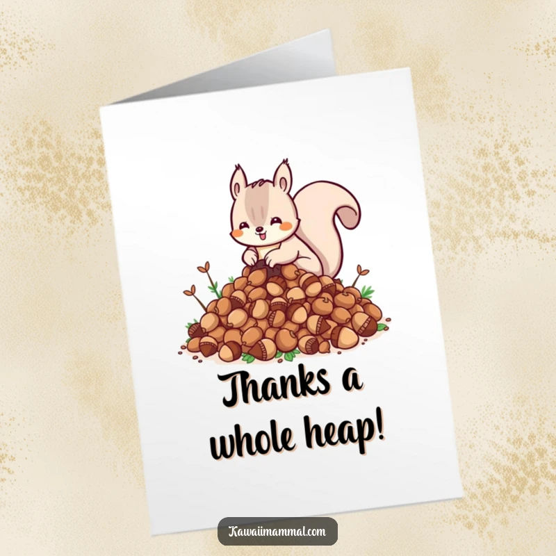 Funny Free Printable Thank You Card: A cheerful Kawaii squirrel energetically burying a mountain of acorns, expressing sincere thanks.