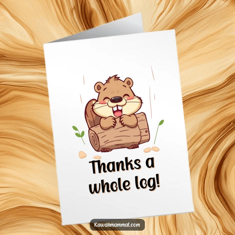 Funny Free Printable Thank You Card featuring a happy beaver gnawing a log, showing sincere appreciation.