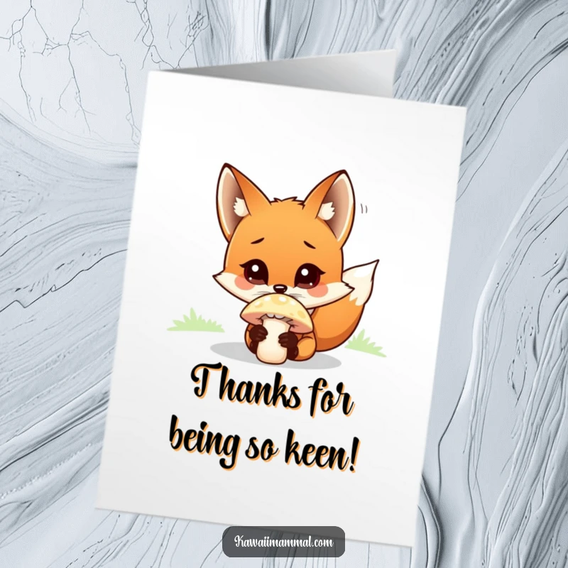 Funny Free Printable Thank You Card of a curious fox with wide eyes, investigating a mushroom and sending thanks.
