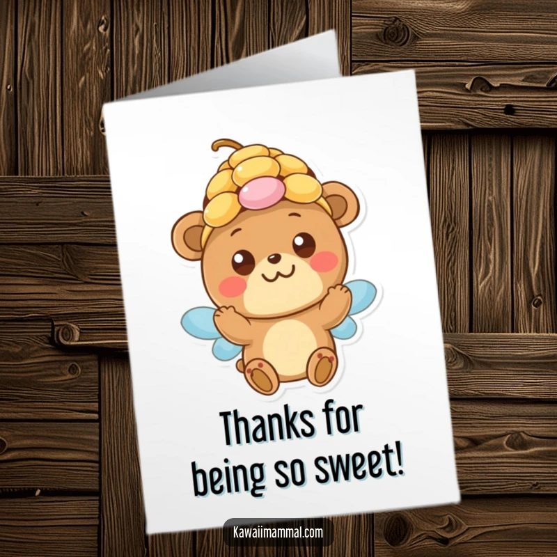 Funny Free Printable Thank You Card: Bear comically tries to fit a beehive on its head, pure charm. DIY download.