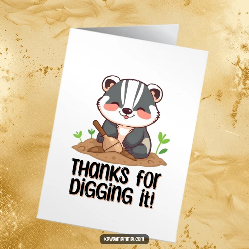 Funny Free Printable thank you card with a cheerful badger digging enthusiastically, expressing heartfelt gratitude with a smile.