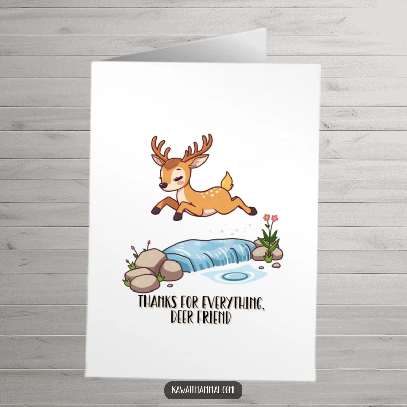 Funny Free Printable Thank You Card: Determined deer leaping over a sparkling stream, showing appreciation, downloadable gift.