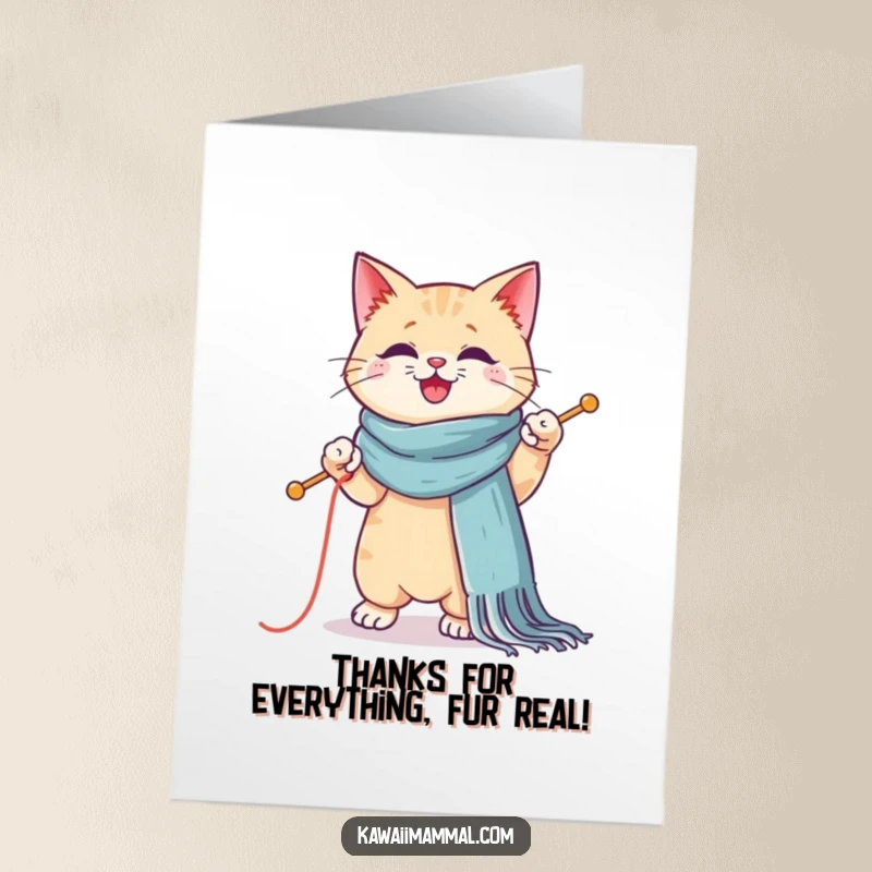 Funny Free Printable Thank You Card: an adorable Kawaii cat knitting a long scarf, balancing elegantly.
