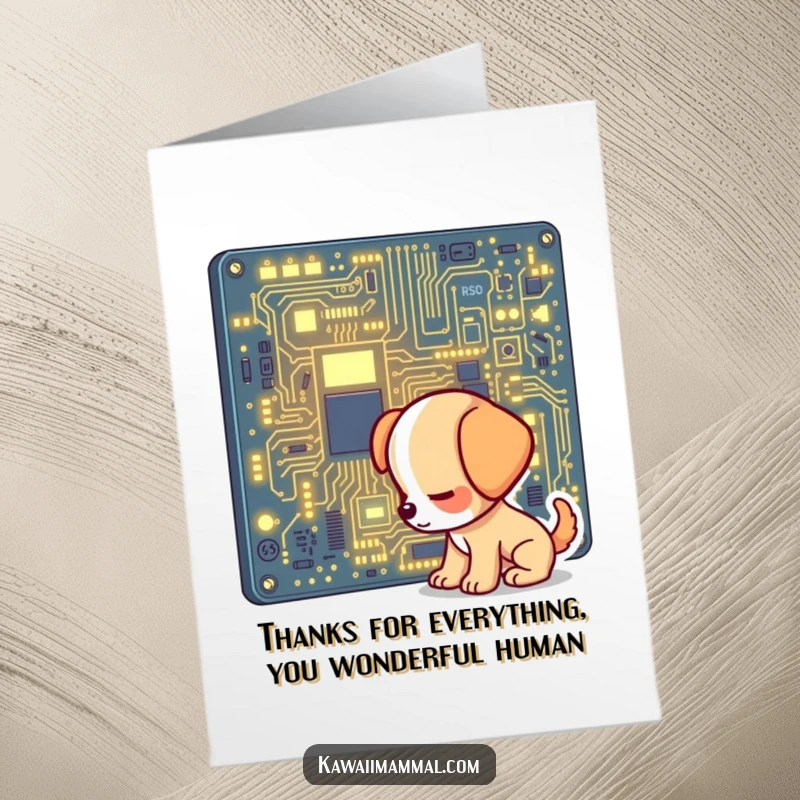 Funny Free Printable Thank You Card showing a curious puppy sniffing a massive glowing circuit board, available for download.