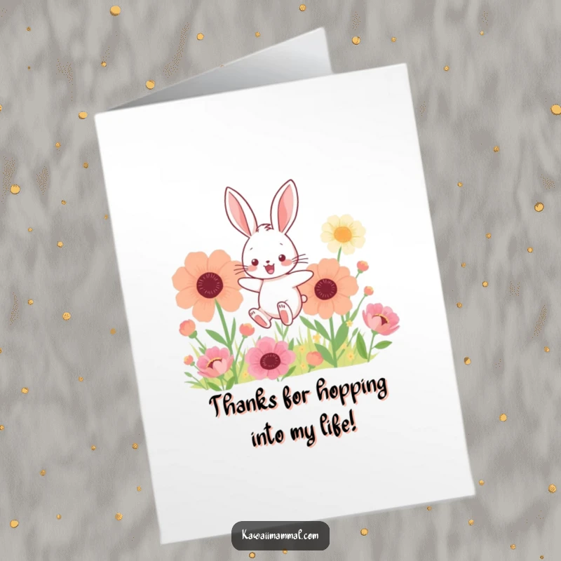 Cute Free Printable Thank You Card: A kawaii bunny hopping gleefully through a garden of oversized, beautiful flowers.