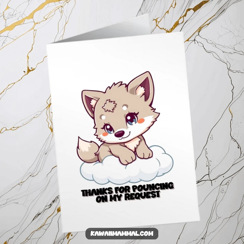 Funny Free Printable Thank You Card: A sweet wolf cub with playful eyes, gently pouncing on a fluffy cloud.