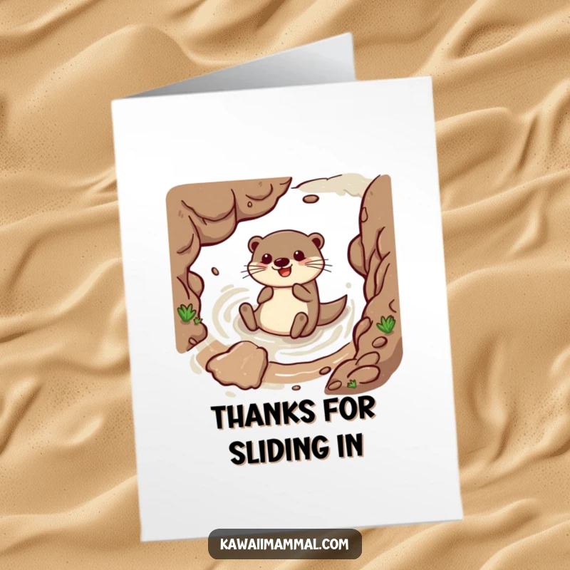 Funny Free Printable Thank You Card: Happy otter joyfully sliding down a muddy embankment.