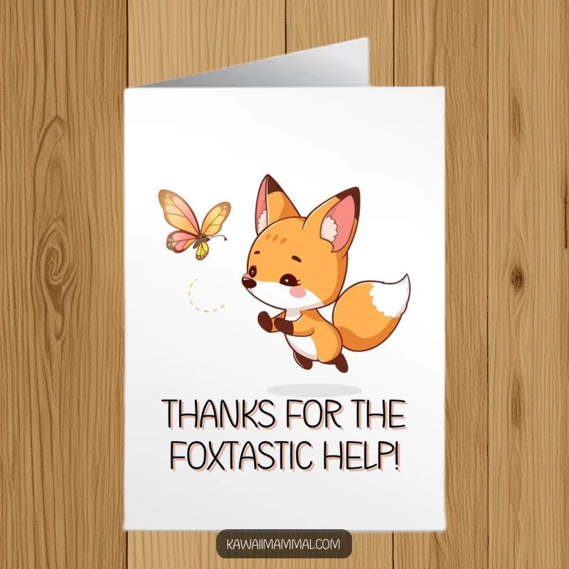 Funny Free Printable Thank You Card: Curious fox playfully chasing a luminous butterfly, expressing thanks with a gentle spirit.