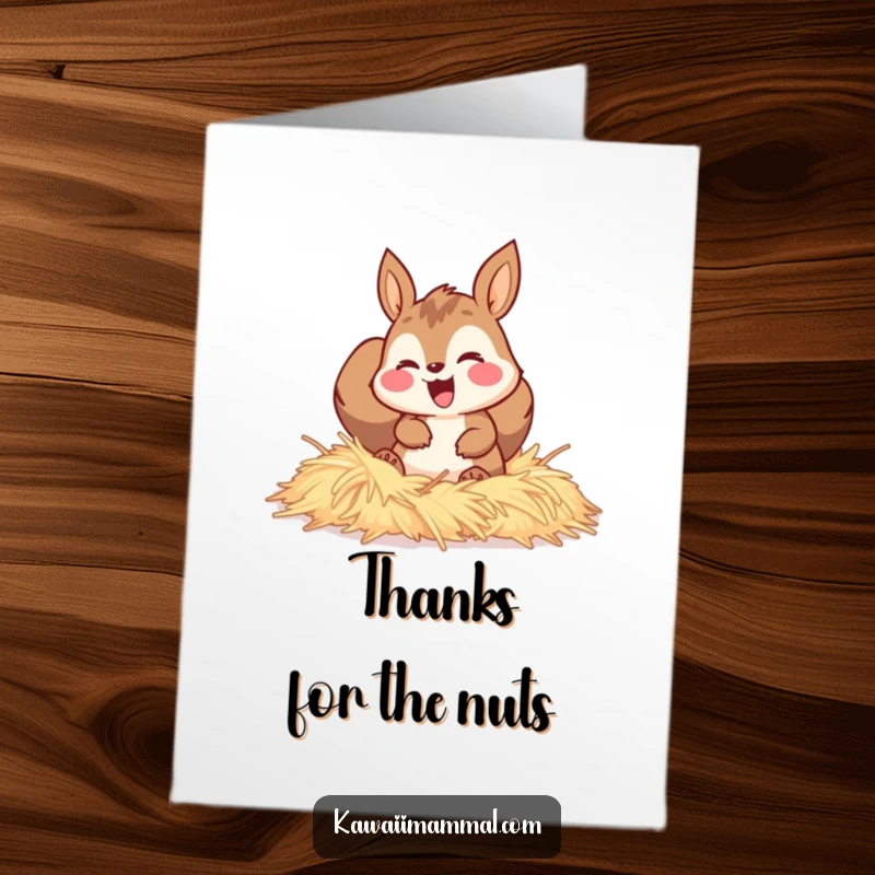 Funny free printable thank you card of a happy squirrel happily digging through a haystack, symbolizing abundance.