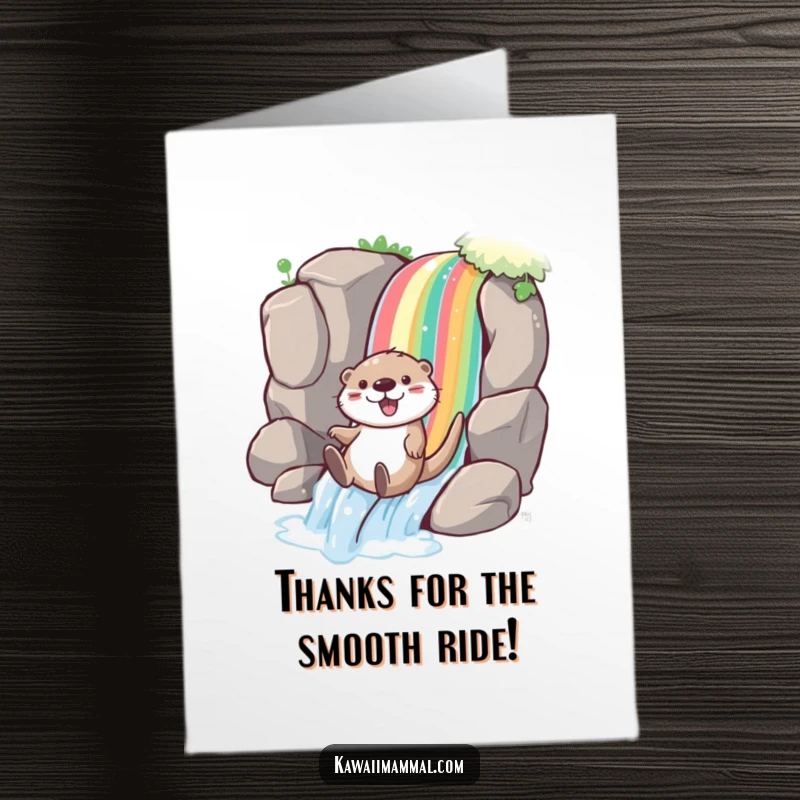 Funny Free Printable Thank You Card: Playful otter joyfully sliding down a rainbow waterfall, expressing thanks with glee.