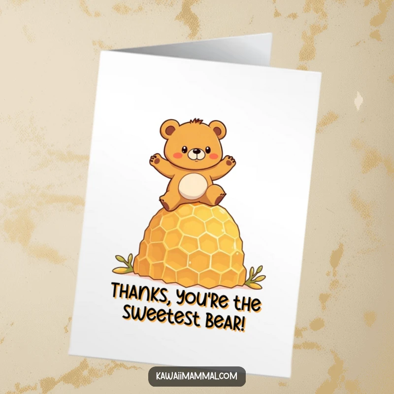 Funny Free Printable Thank You Card: A determined bear balances on a honeycomb, conveying thanks with a funny twist.