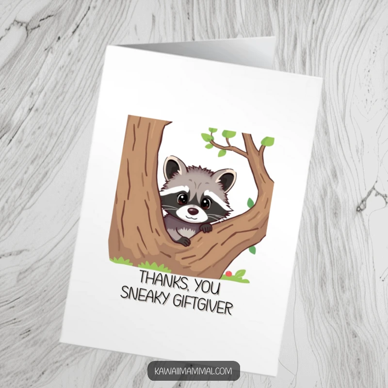 Funny Free Printable Thank You Card: A curious raccoon peeking from behind a tree, a downloadable card to express thanks playfully.