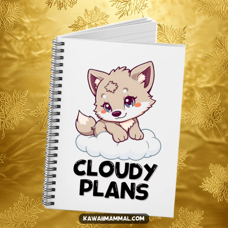 Funny Wolf Cub Notebook with a playful cub, eager eyes, cautiously pouncing on a cloud, inspiring creativity and lighthearted note-taking.