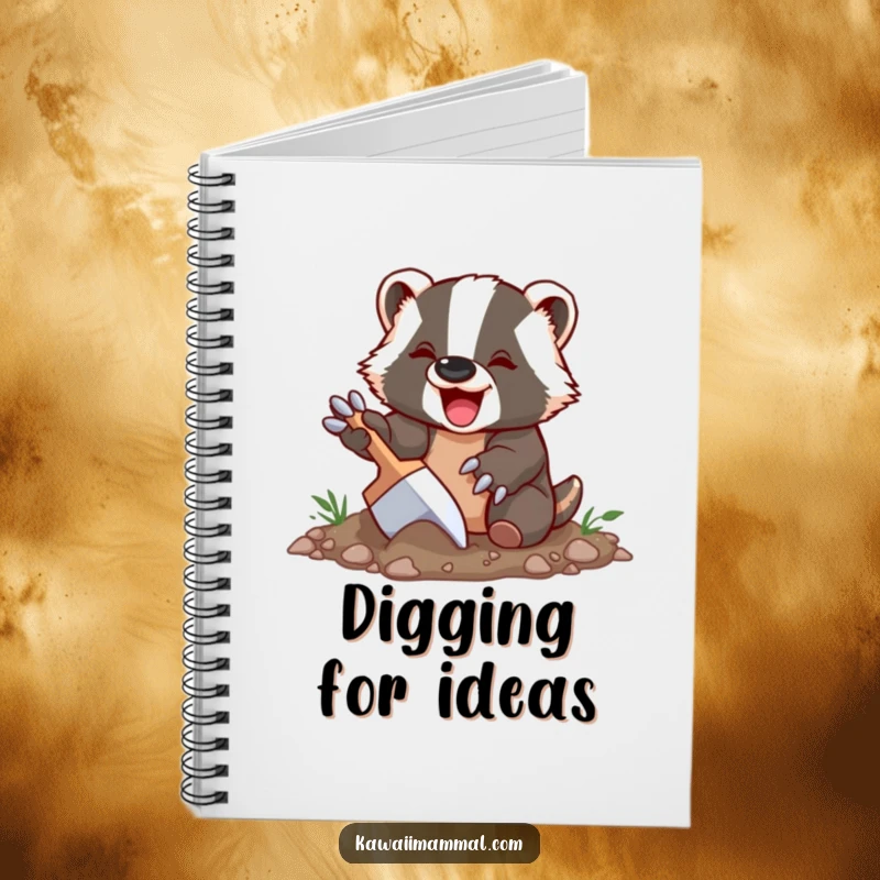 Funny Badger Notebook with a delighted badger character happily digging with oversized claws, ideal for jotting down nature observations.