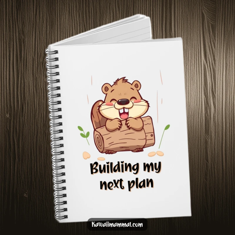 Funny happy beaver character, busy gnawing a log, on the cover of a humorous notebook.