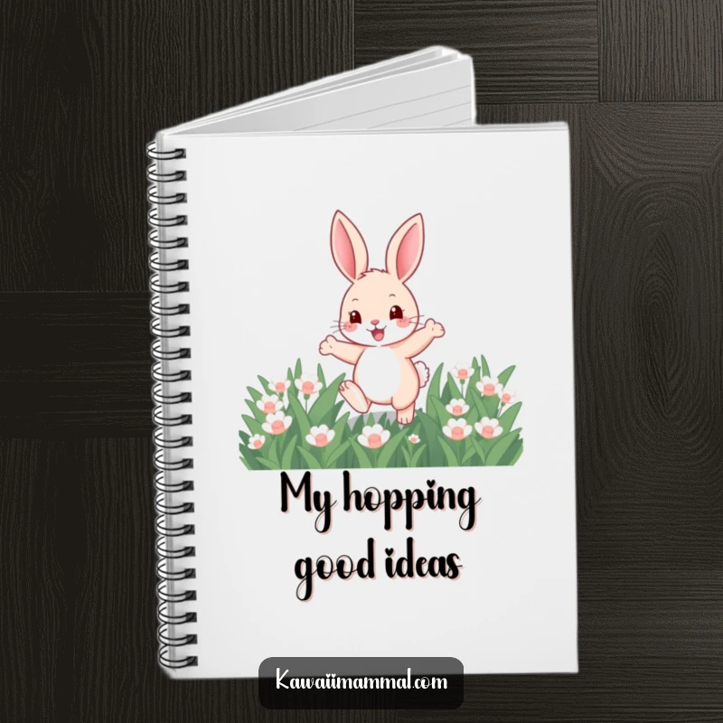 Funny notebook with a cute, energetic bunny hopping through clover, ideal for capturing thoughts and creative ideas with a joyful theme.