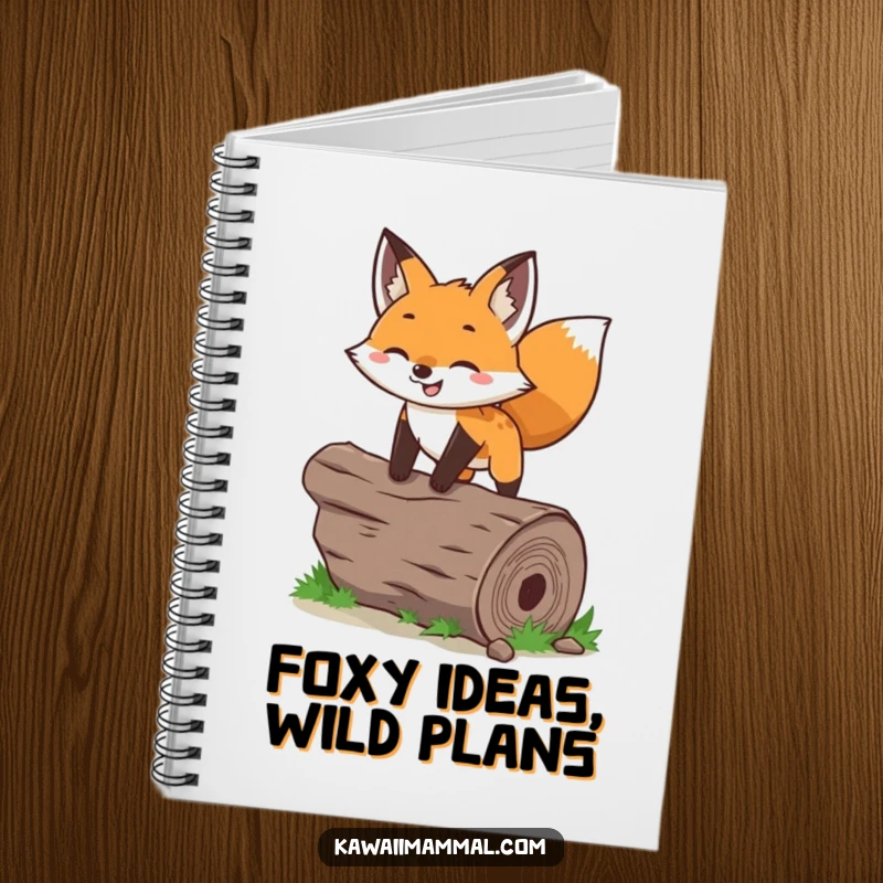 Funny fox notebook with a playful character leaping over a log, ideal for jotting down funny thoughts and ideas.