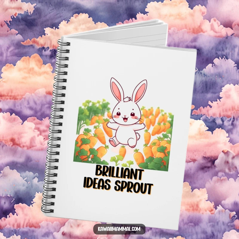 Funny rabbit notebook featuring a cheerful character hopping through a field of glowing carrots, ideal for jotting down creative thoughts.