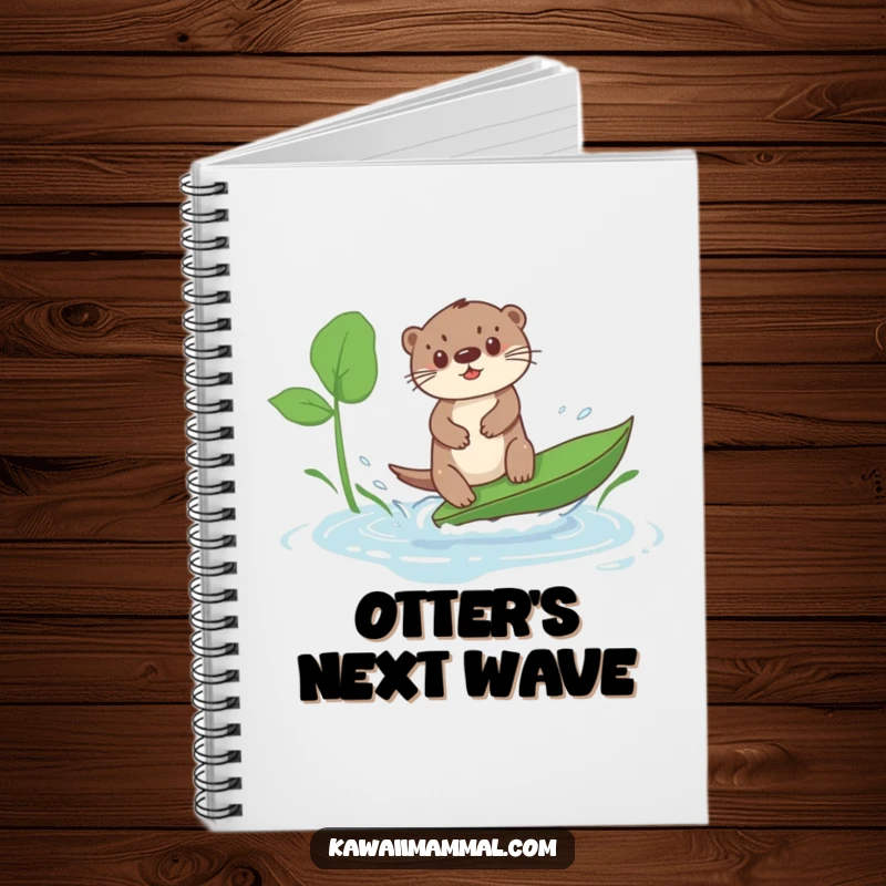 Funny Kawaii Otter Notebook: Features a cute otter humorously surfing a leaf in a puddle, perfect for jotting down funny ideas.