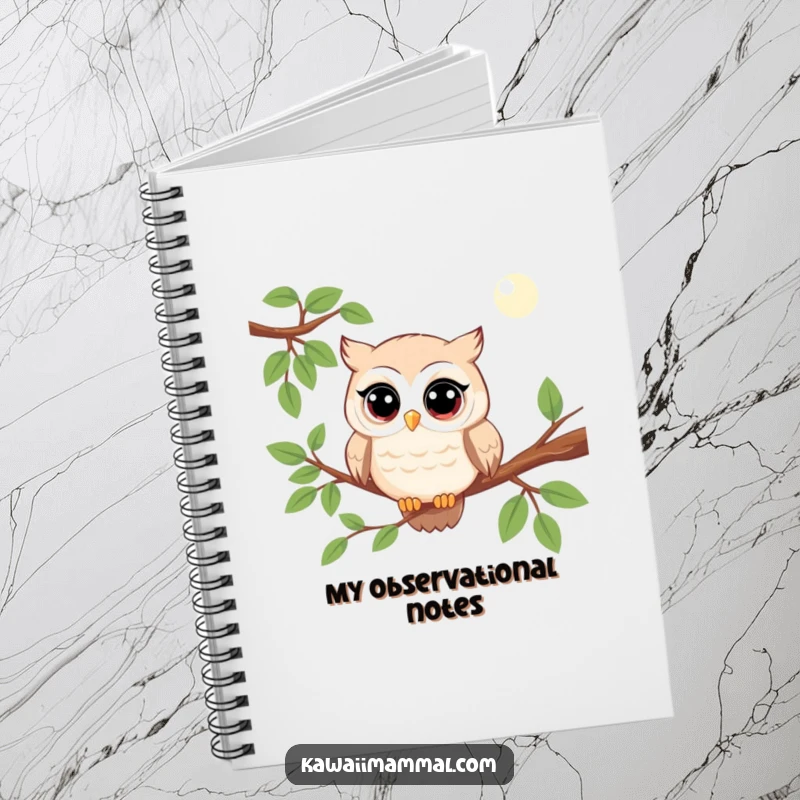 Funny kawaii owl notebook with a character observing with wide eyes, ideal for jotting down funny thoughts and ideas.