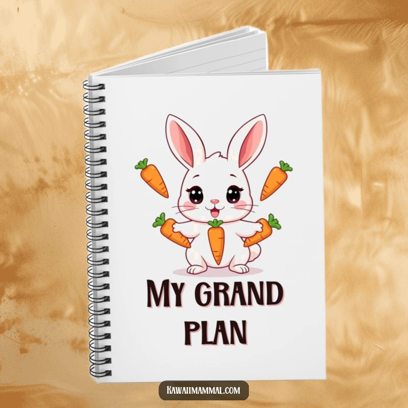 Funny notebook cover with a Kawaii rabbit concentrating on juggling three carrots, inspiring humor and organized thoughts.