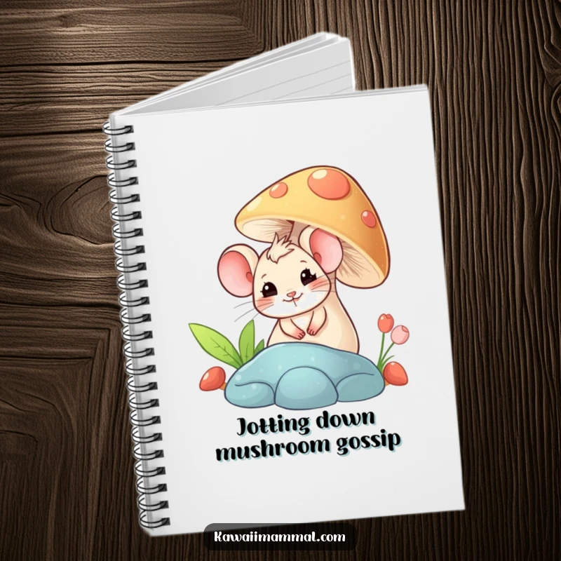 Funny notebook featuring a giggling mouse peeking from behind a mushroom, perfect for jotting down thoughts with a whimsical flair.