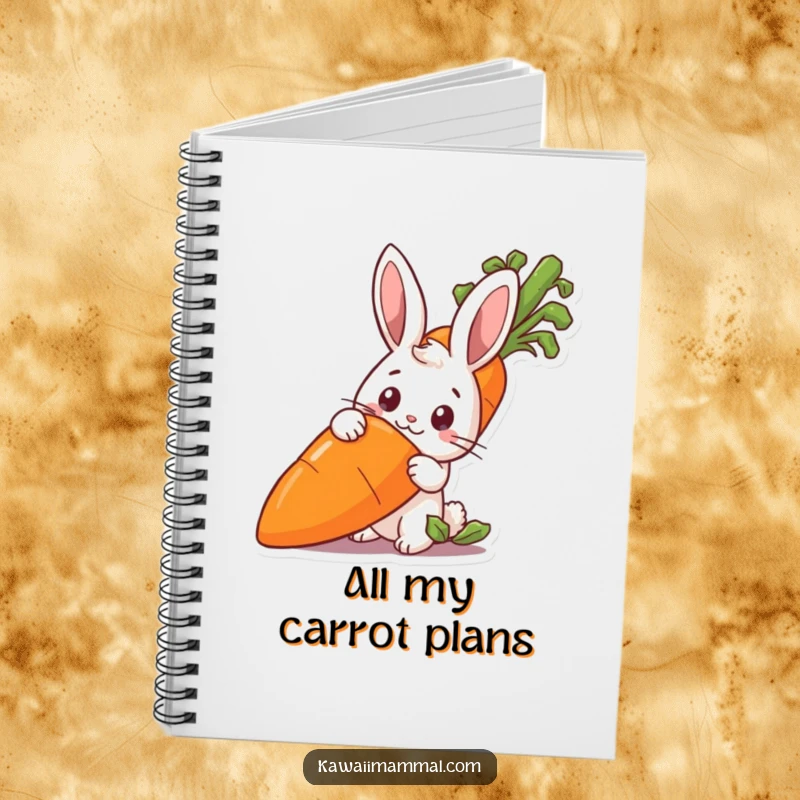 Funny rabbit peeking from behind a large carrot, featured on a notebook cover for jotting down ideas.