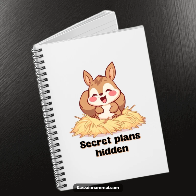 Funny notebook cover with a happy squirrel character gleefully burrowing through soft hay, ready for writing.