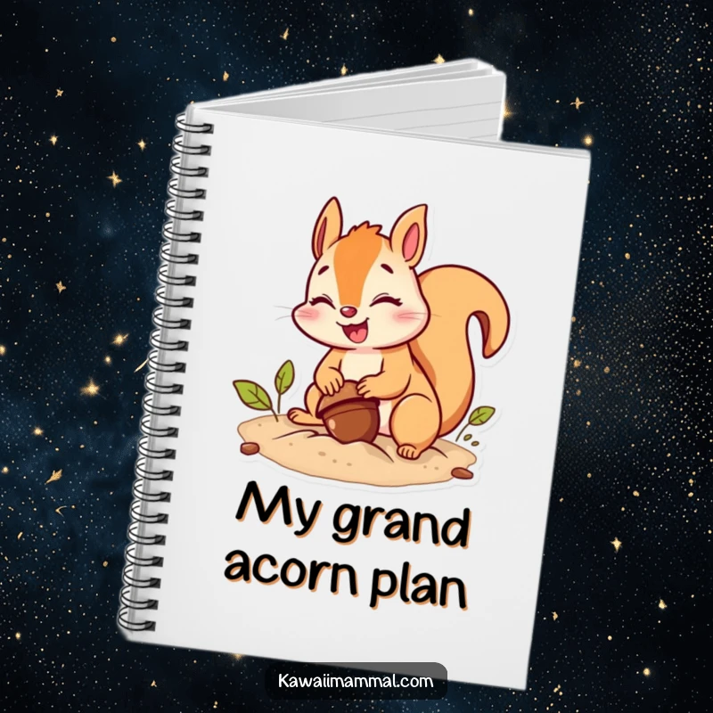 Funny squirrel notebook with a giggling character intensely burying an acorn, perfect for jotting down humorous notes.